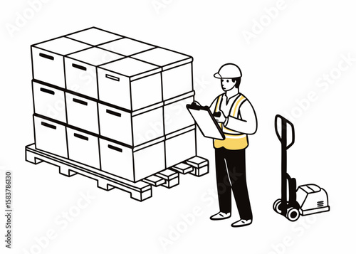 Warehouse worker inspecting boxes stacked on a pallet alongside a hand truck in a simple line art style with transparency.