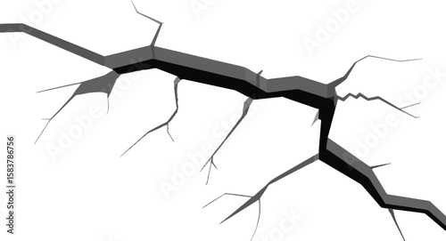 A deep dark grey crack with sharp jagged edges extending across a white background isolated on transparent background