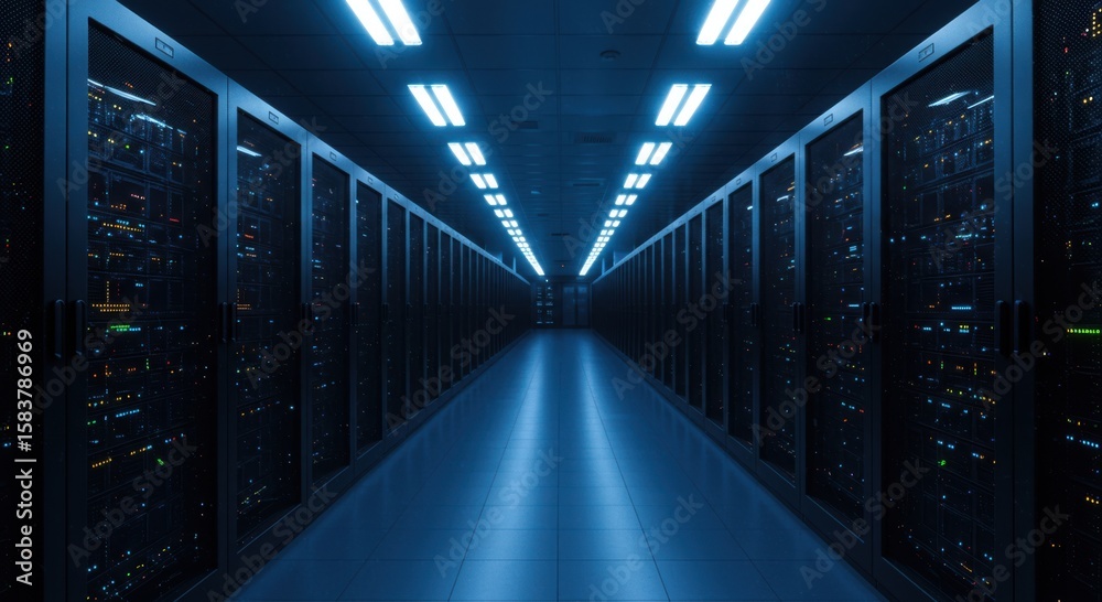 Fototapeta premium A vast dark server room corridor illuminated by rows of bright white ceiling lights and blinking server lights