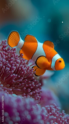Ocean's Jewel: A vibrant clownfish, with its distinctive orange and white stripes, playfully explores its anemone home, a mesmerizing underwater spectacle.
