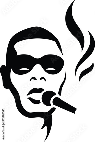 Black and White Stylized Portrait of a Person Smoking a Cigar Holding a Microphone Abstract Face Design