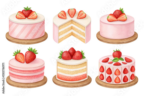 Set of cakes cupcakes and desserts with sweet birthday treats and bakery sweets illustration