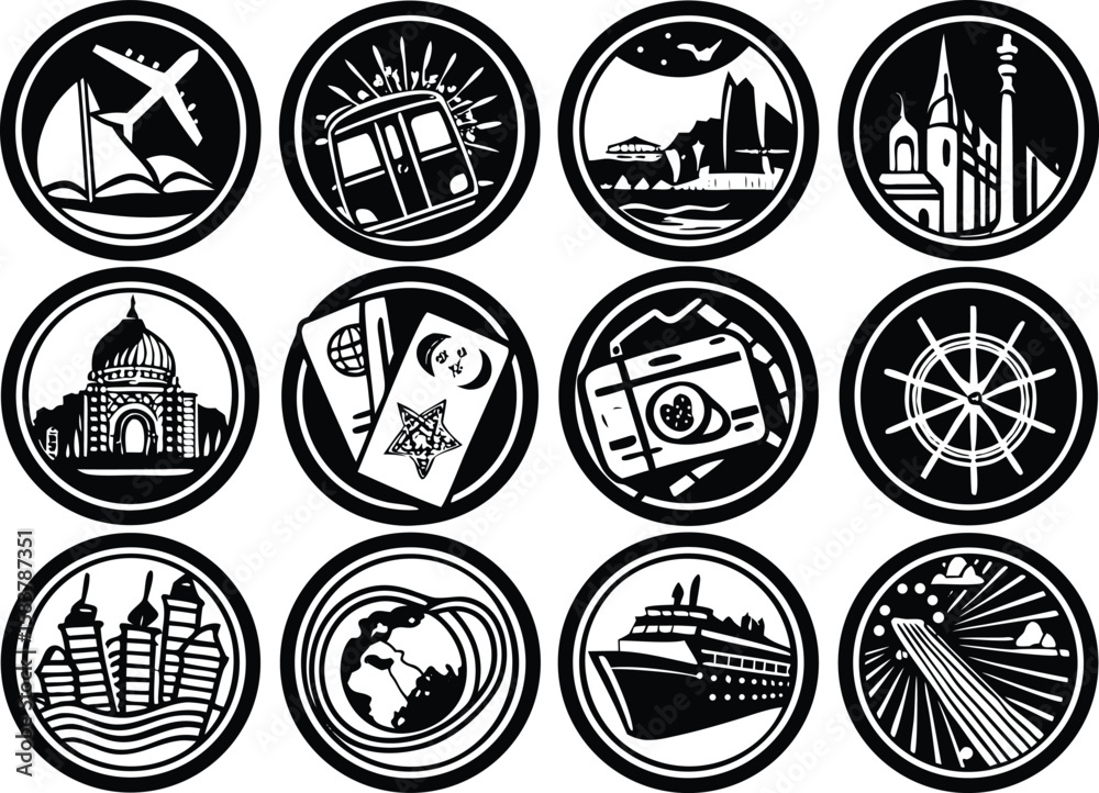 Naklejka premium Retro Travel Postcards & Passport Stamps – Mid-Century Explorer Set