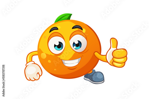 Cheerful orange fruit with happy facial expression, thumbs up gesture. Cute cartoon character, 3D rendering, fun design for kids. Yellow, orange colors, white background. Positive emoji for social

