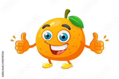Cheerful orange fruit with happy facial expression, thumbs up gesture. Cute cartoon character, 3D rendering, fun design for kids. Yellow, orange colors, white background. Positive emoji for social
