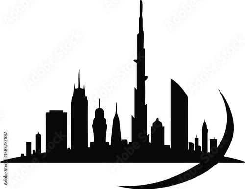 Black Silhouette Dubai Skyline Cityscape Tall Buildings Urban Architecture vector