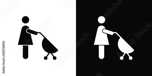Woman with Baby Stroller icon black and white. Simple glyph icons.