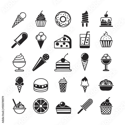 Silhouette Ice Cream Icon Collection | Clean Vector Illustrations of Creamy Treats, Food Cones, and Frozen Desserts | Pixel Perfect and Editable