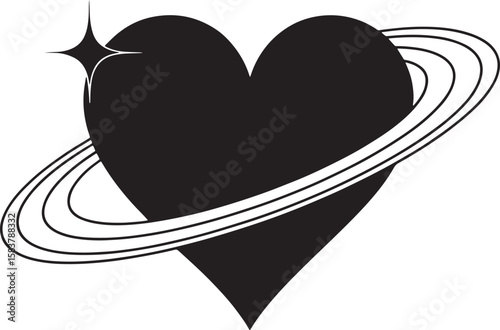 heart with orbit ring wrapped silhouette line art design illustration premium quality