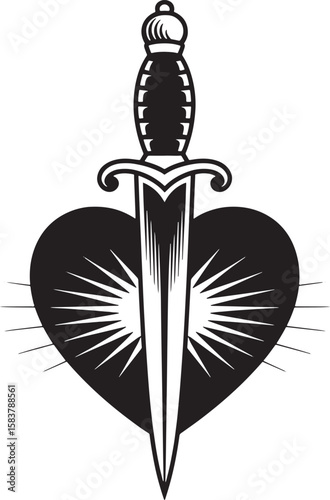heart with symmetrical dagger silhouette line art design illustration premium quality