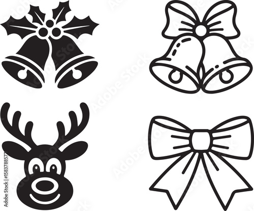 Black and white Christmas icons including bells reindeer and bow vector illustration