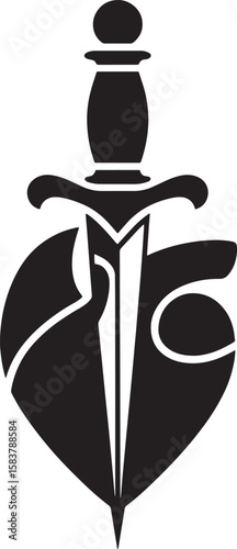 heart with symmetrical dagger silhouette line art design illustration premium quality
