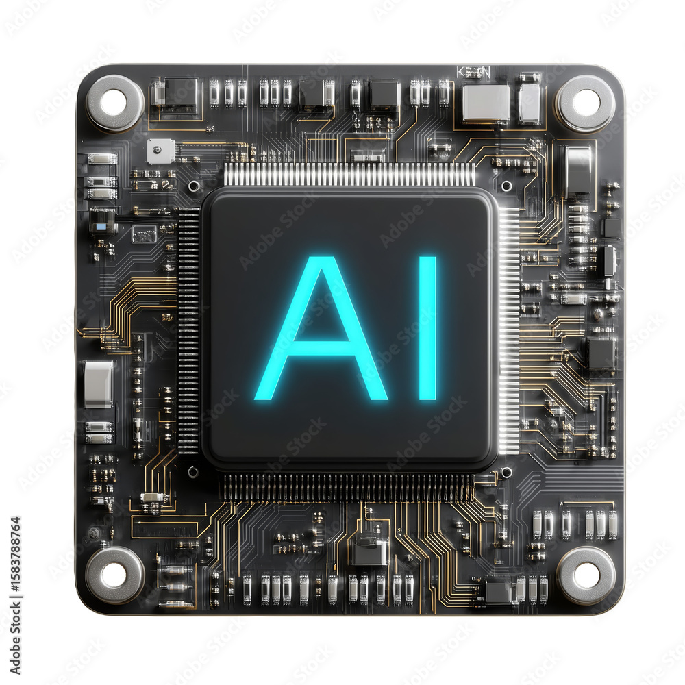 Fototapeta premium AI-Focused Microprocessor Illustration: PNG Graphic for Machine Learning and Data Science. Includes 'AI' label, ideal for tech blogs, presentations, and educational content.