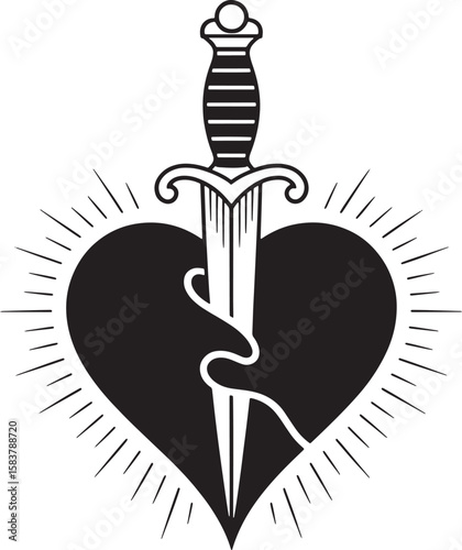 heart with symmetrical dagger silhouette line art design illustration premium quality