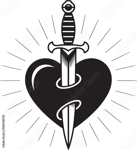 heart with symmetrical dagger silhouette line art design illustration premium quality