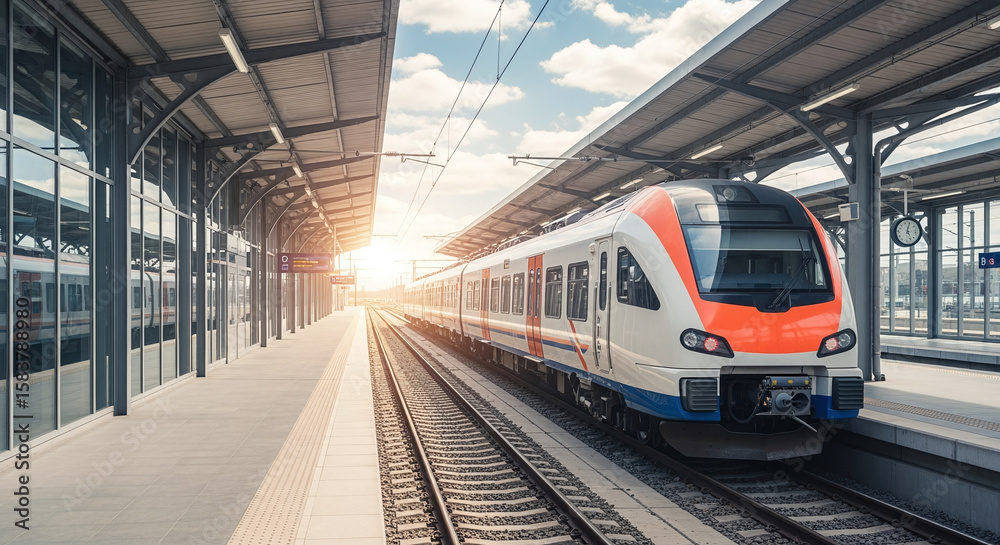 Fototapeta premium High speed train on the railway station at sunset. Industrial landscape with modern intercity passenger train on the railway platform and blue cloudy sky. Railroad in Europe. Commercial transportation