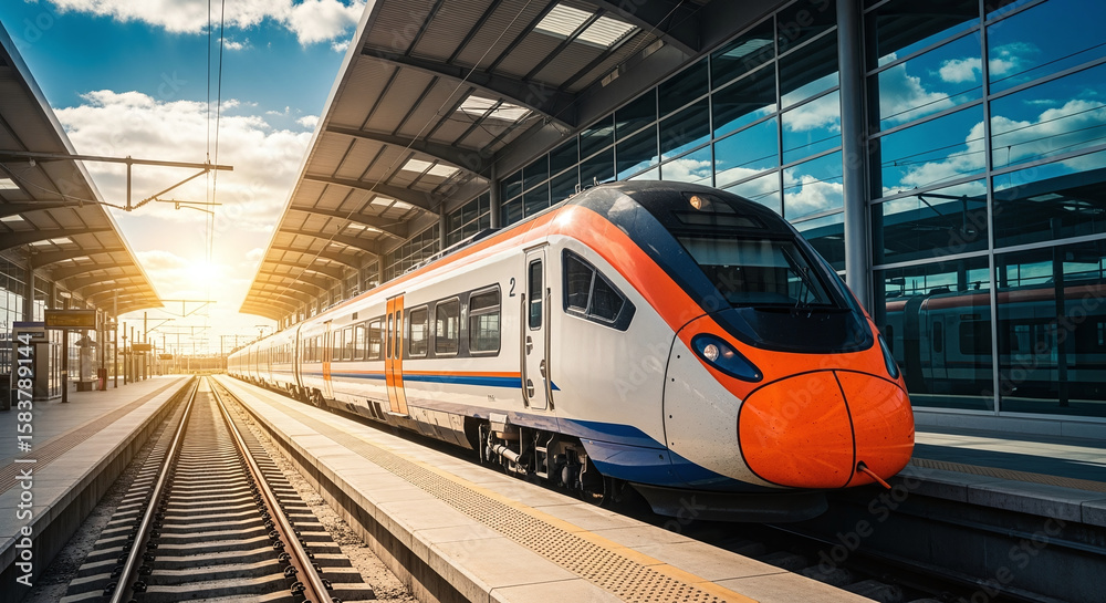 Fototapeta premium High speed train on the railway station at sunset. Industrial landscape with modern intercity passenger train on the railway platform and blue cloudy sky. Railroad in Europe. Commercial transportation