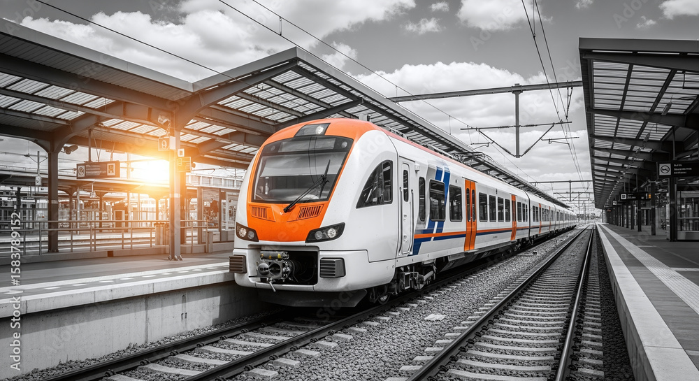 Fototapeta premium High speed train on the railway station at sunset. Industrial landscape with modern intercity passenger train on the railway platform and blue cloudy sky. Railroad in Europe. Commercial transportation