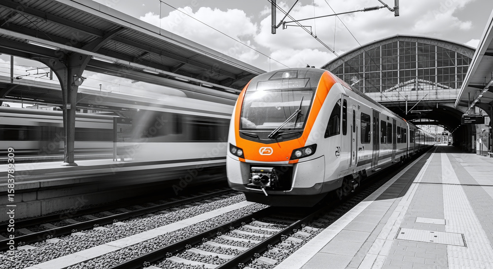 Fototapeta premium High speed train on the railway station at sunset. Industrial landscape with modern intercity passenger train on the railway platform and blue cloudy sky. Railroad in Europe. Commercial transportation