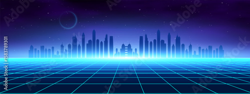 Metaverse city background with futuristic neon buildings and abstract tech lights. Cyber digital skyline featuring 3D hologram data and smart architecture. Virtual urban landscape for AI concepts.