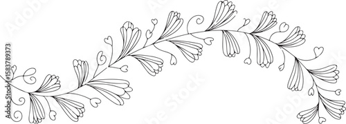 Black and white vector illustration of a floral vine with heart-shaped leaves and swirls