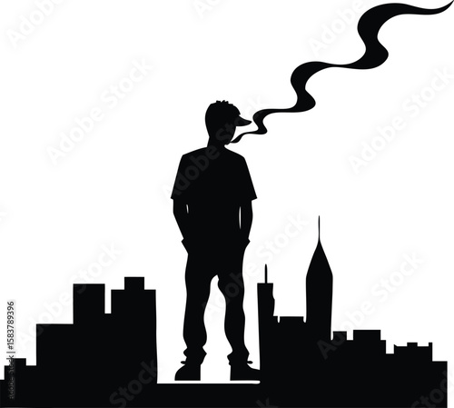 Black Silhouette Man Smoking Standing Cityscape Background Urban Scene vector