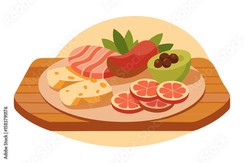 Gourmet Charcuterie Board with Olives, Prosciutto and Cheese Vector