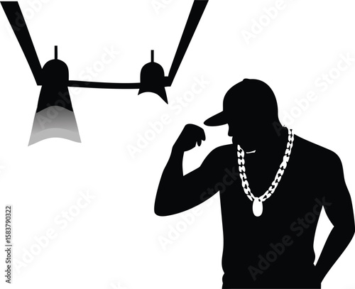 Black Silhouette of a Rapper Flexing Muscle Wearing Baseball Cap and Thick Gold Chain Against White Background with Spotlights