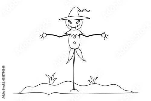 Scarecrow Icon for Halloween Scene Line Drawing Vector