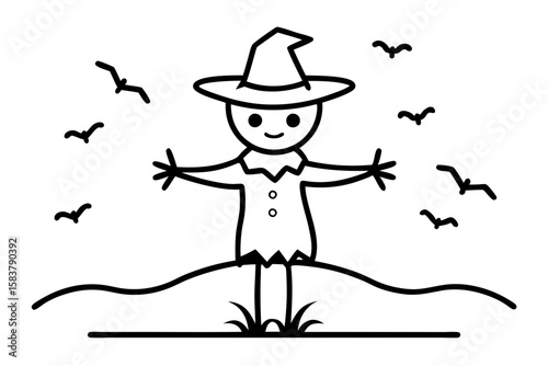 Scary Scarecrow Halloween Decoration Icon in Line Art Vector