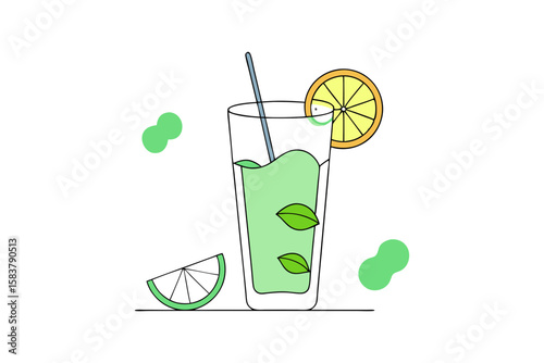 Mojito Cocktail Glass with Lime Wedges Mint Leaves and Ice Cubes Vector