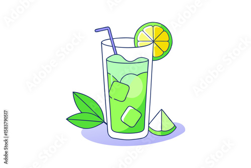 Fresh Mint Mojito in a Glass with Lime and Ice Vector Drink Illustration