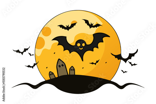 Spooky Halloween Night Scene with Bats and Full Moon Vector Illustration
