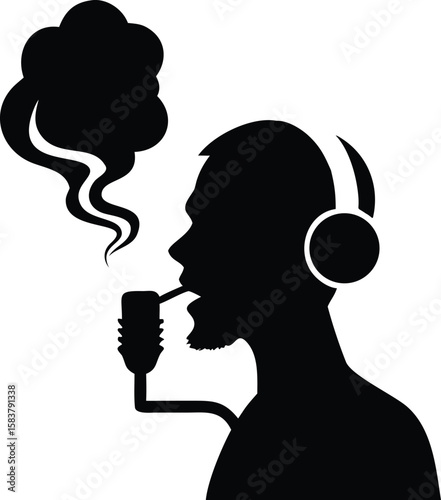 Silhouette Man Smoking Hookah Wearing Headphones Smoke Cloud Black White Graphic vector