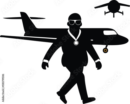 Silhouette Man Walking Airplane Private Jet Medal Sunglasses Black White Graphic Design vector