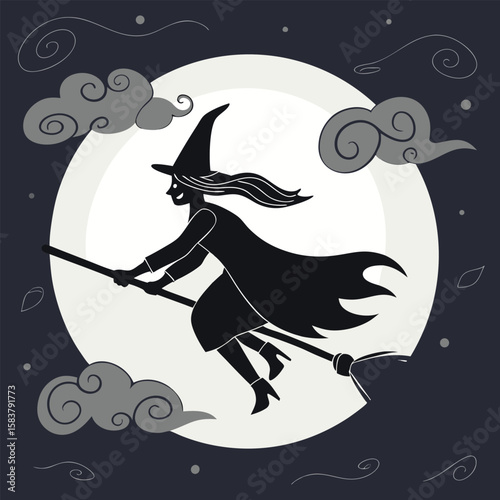 A spooky Halloween witch flying on her broom with a black cat silhouette against the dark night moon, a scary vector illustration