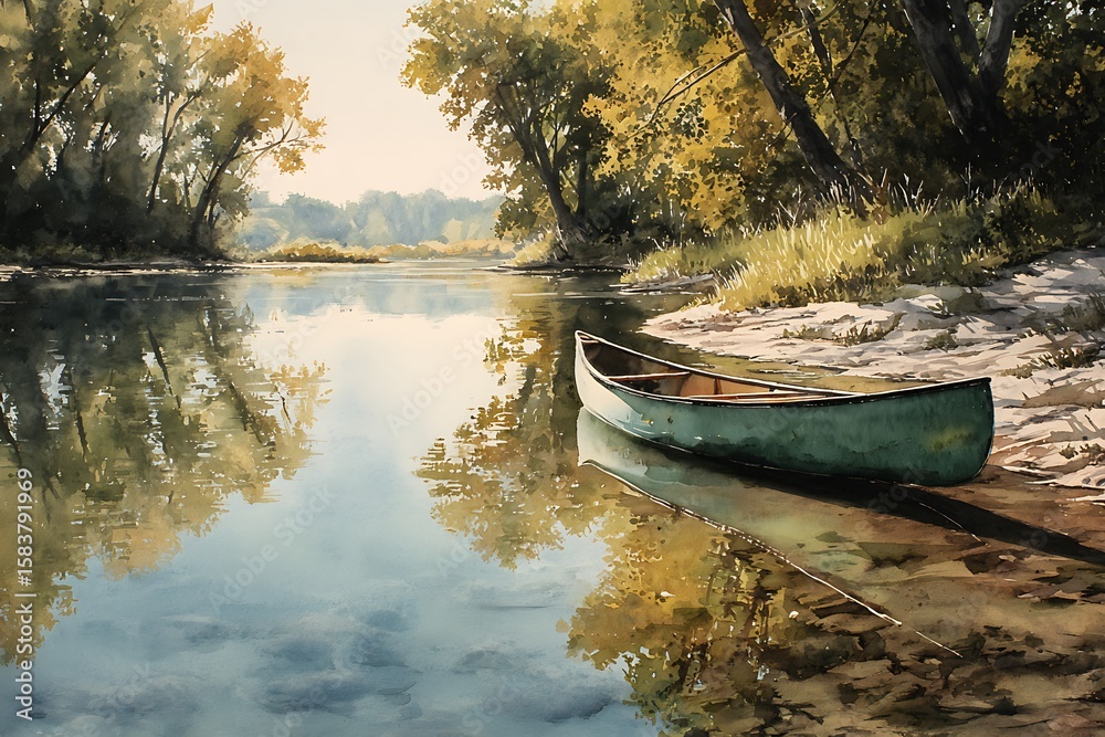 Tranquil canoe rests on a sandy riverbank under autumn trees Tranquil canoe rests on a sandy riverbank under autumn trees