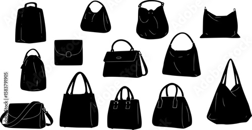 collection of different style bags, minimalist, vector graphics
