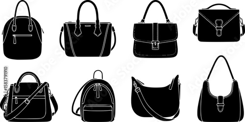 collection of different style bags, minimalist, vector graphics