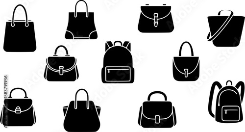 collection of different style bags, minimalist, vector graphics