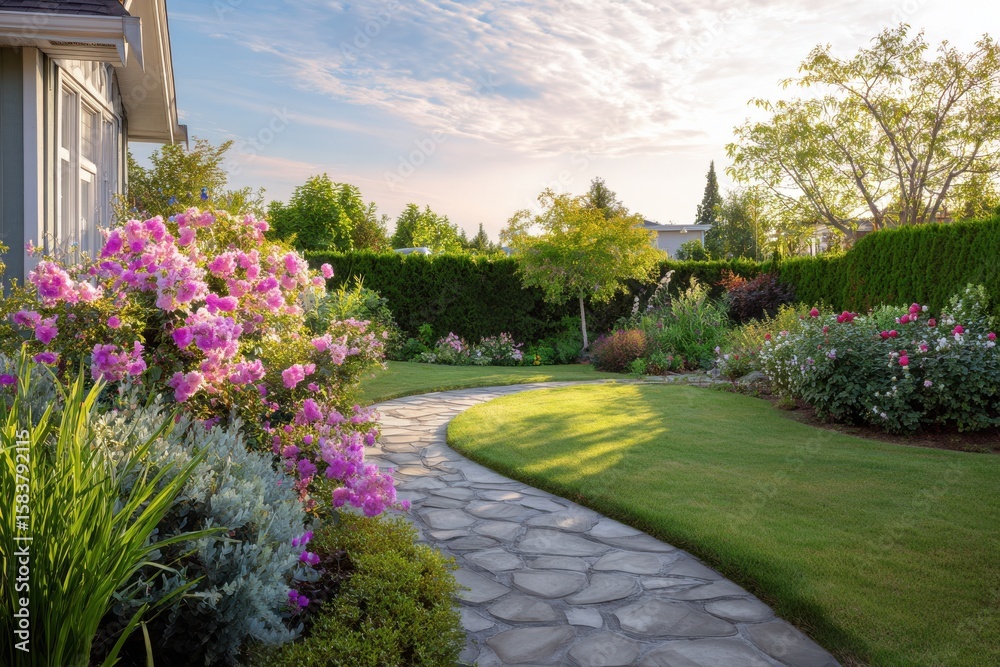 Naklejka premium Serene backyard garden with vibrant seasonal blooms, botanical textures, and soft early light. A tranquil scene perfect for outdoor living, gardening ads, and home design visuals.
