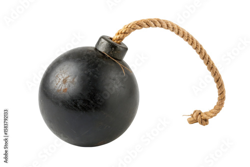 Antique black cannonball bomb with thick rope fuse isolated on transparent background