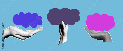 Modern retro collage with colorful clouds. Diversity and inclusivity concept.