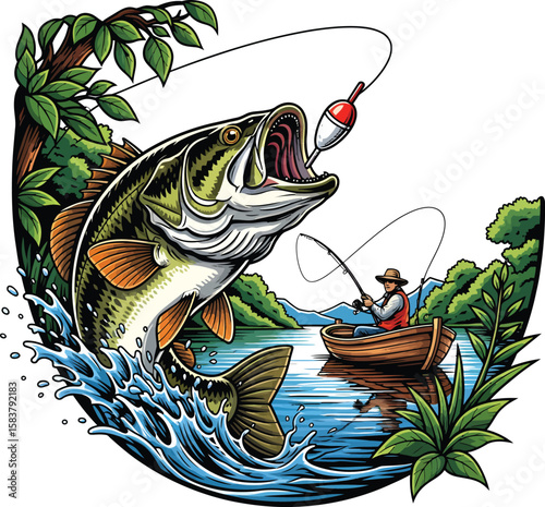 Angler's Catch: A dynamic illustration captures the thrill of angling, with a leaping fish and a determined angler in pursuit, set against a picturesque waterscape.