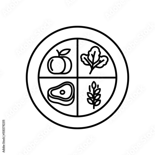 Vector icon of a balanced plate with food portions  