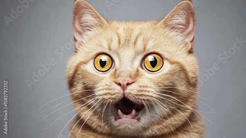 Close-up of a ginger cat with wide eyes and open mouth, looking surprised or scared.