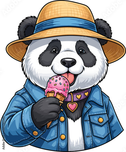 Playful Panda's Ice Cream Treat: A whimsical illustration of a cheerful panda bear enjoying a sweet ice cream cone, styled with a straw hat and a fashionable denim jacket, exuding a sense of fun.