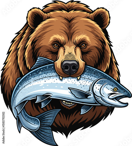 Grizzly and Salmon: A ferocious grizzly bear with piercing eyes clutches a large salmon in its mouth, a vivid portrayal of nature's raw power. The image shows a striking illustration.