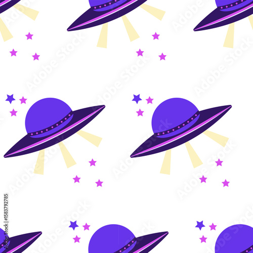 Flying saucers on a background of stars, symbolizing extraterrestrial exploration. Vector illustration in a flat style. Seamless pattern on a white background
