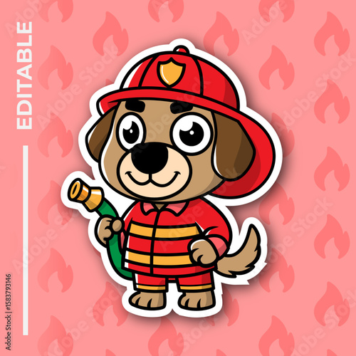 Illustration of cartoon firefighter dog with hose in red uniform on flame background - vector design for kids.
